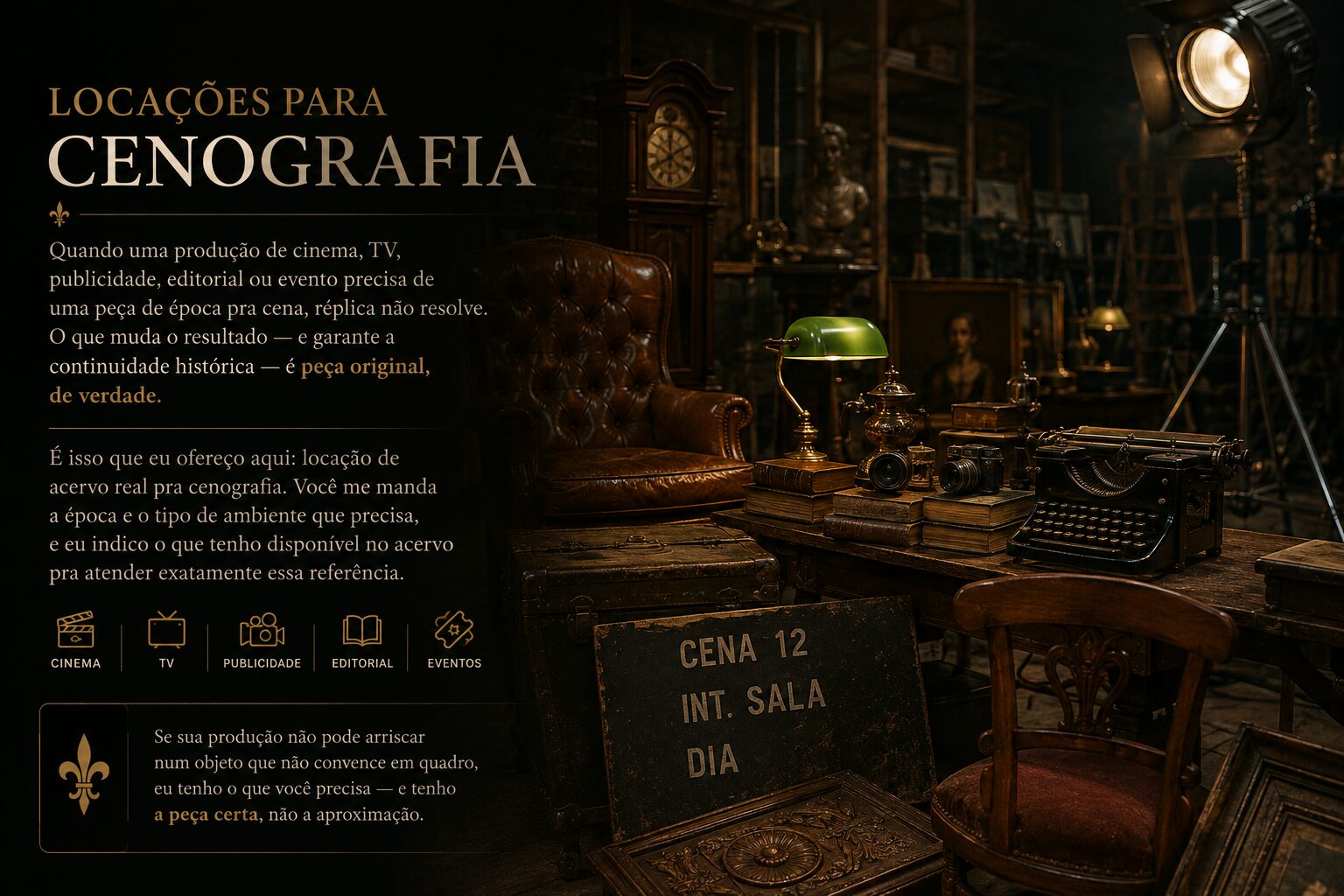Locação de acervo de época para cenografia de cinema, TV, publicidade, editorial e eventos. Peça original, não réplica.