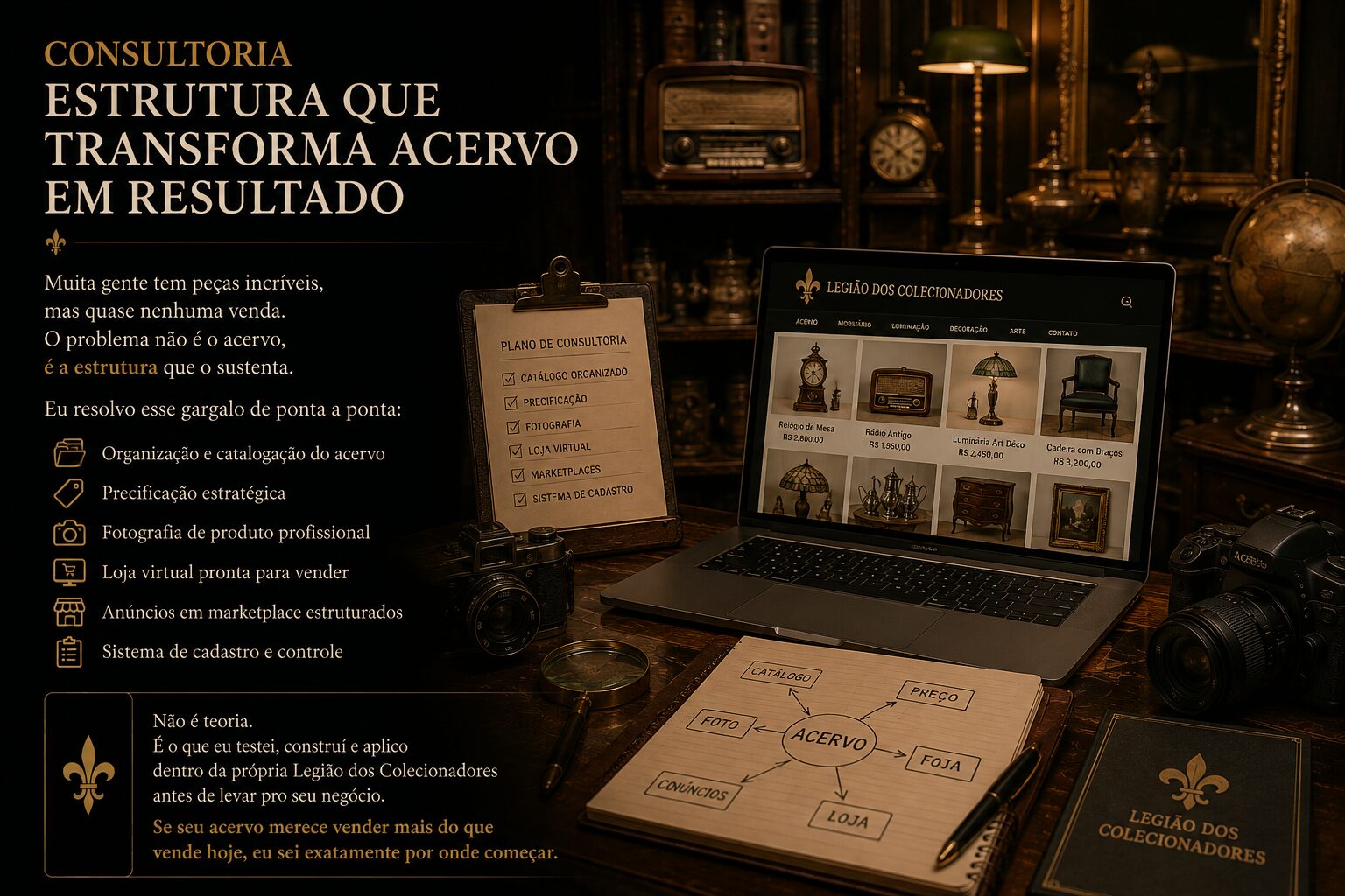 Consultoria para acervo: organização de catálogo, precificação, fotografia de produto, loja virtual e anúncio em marketplace.