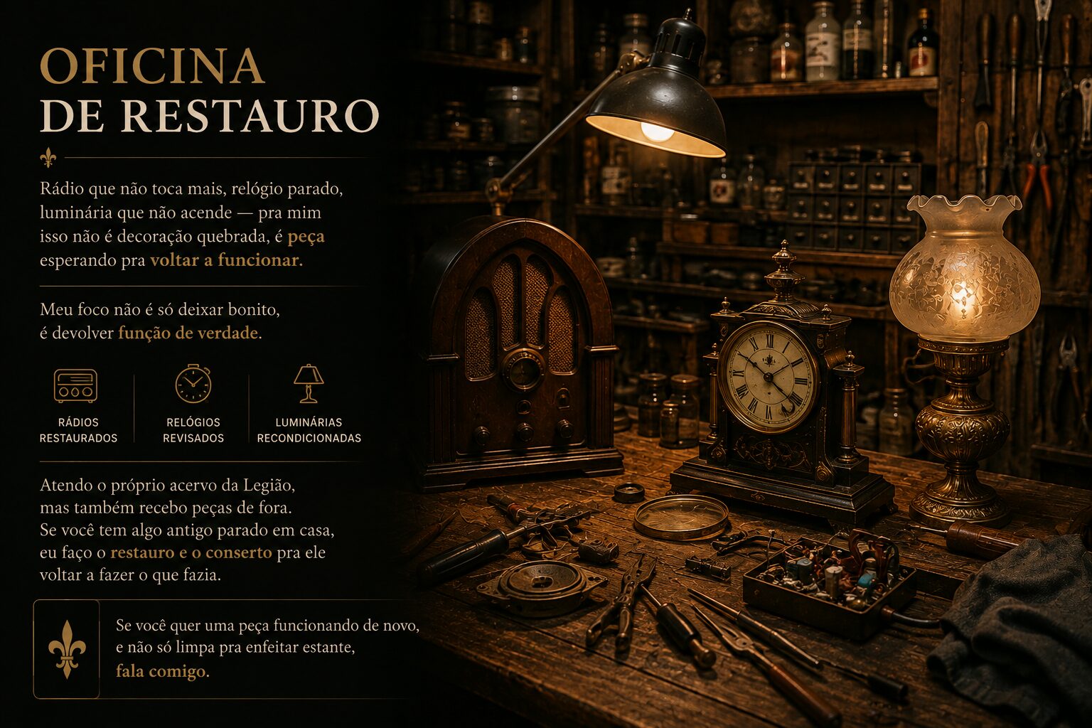 Oficina de restauro e conserto de peças antigas: rádio, relógio, luminária. Devolvendo a função, não só a aparência.