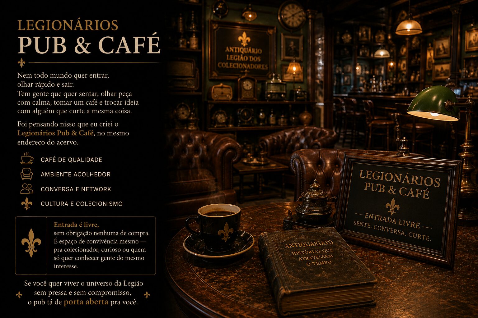 Legionários Pub e Café: espaço de convivência no mesmo endereço do acervo, entrada livre e sem obrigação de compra.